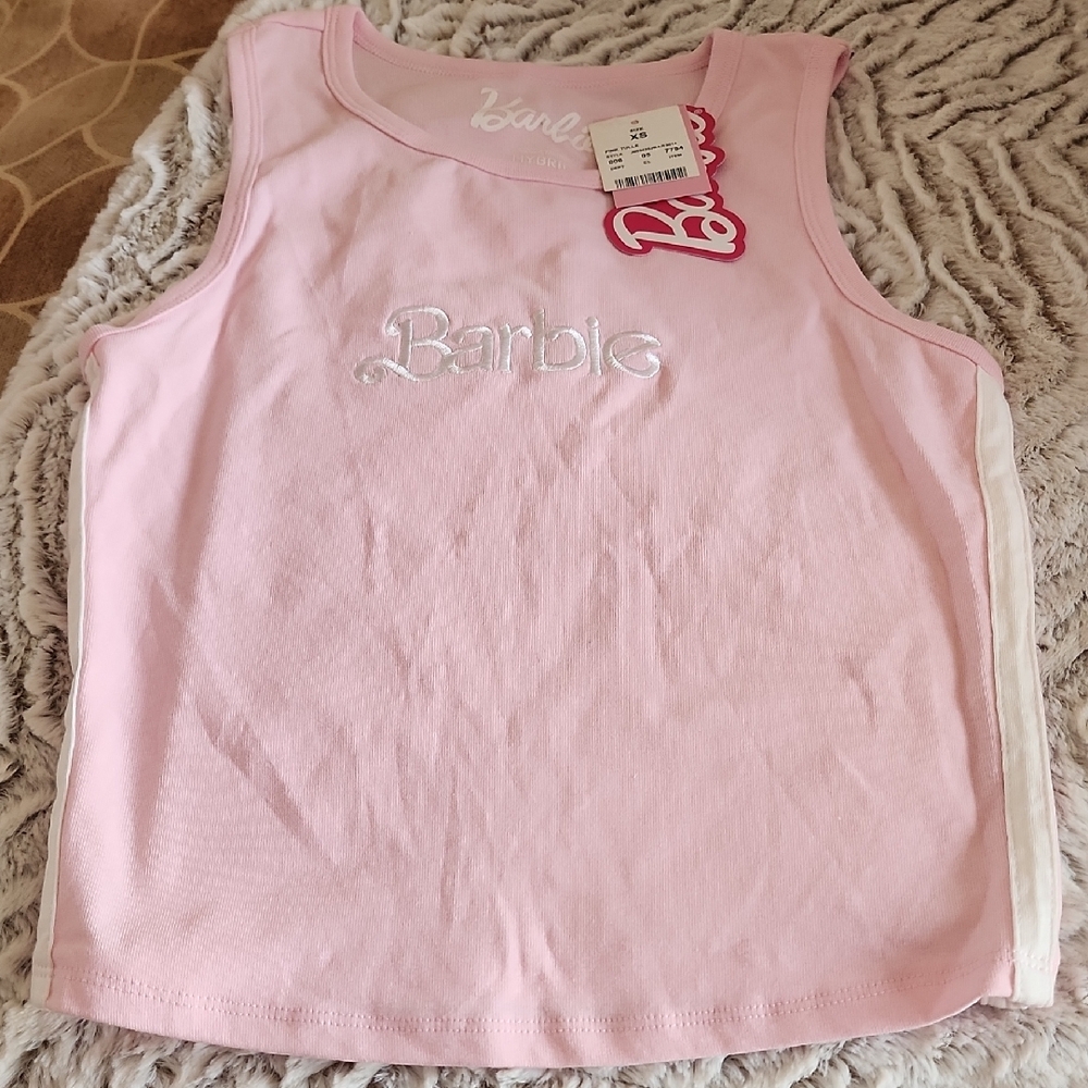 NWT Girl's Barbie Mattel Hybrid Apparel Pink & White Side Stripes Tank Top XS